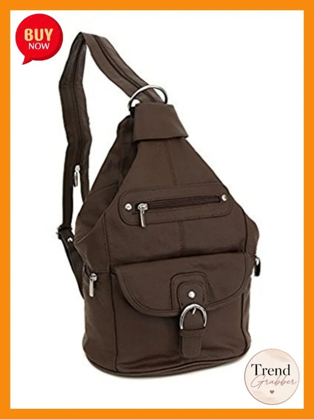 Genuine Cowhide Leather Convertible Backpack Sling Purse 7 Pockets, Brown